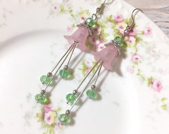 Pink Flower Earrings, Long Spring Earrings, Vintage Lucite Flower Earrings, Green Bead Cluster Earrings, Pretty Woodland Earrings