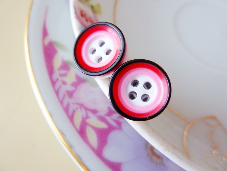 Super Cute Post Earrings, Mod Circles Stud Earrings, Sewing Button Earrings in Pink Red Black, Surgical Steel Hypoallergenic Earrings image 1