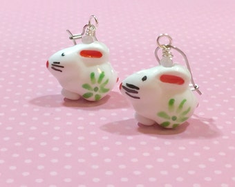 Painted Porcelain Bunny Earrings, Kawaii Rabbit Earrings, Easter Earrings, Spring Jewelry, Cute Bunny Dangle Earrings, KreatedbyKelly (DE1)