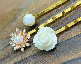 White Floral and Rhinestone Bridal Bobby Pin Set