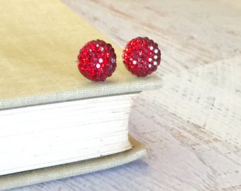 Little Red Sparkling Bumpy Druzy Round Circle Stud Earrings with Surgical Steel Posts (SE13)