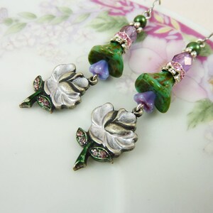 Purple Flower Earrings, Flower Dangle Earrings, Rhinestone Flower Earrings, Czech Glass, Vintage Style Earrings, Handmade By KreatedByKelly image 3