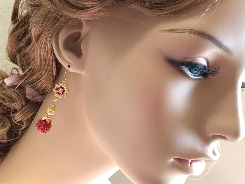 Enameled Metal Red Rhinestone Flower Earrings with Sparkly Ball Bead Rhinestone Gold Toned Findings and Pearl Dangle