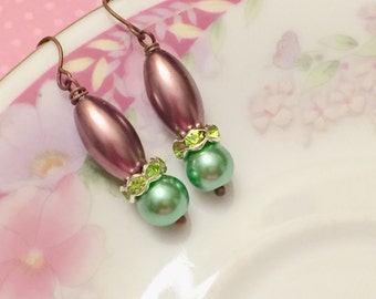 Green Pearl Earrings, Green Rhinestone Earrings, Purple Pearl Drop Earrings, Purple Dangle Earrings, Spring Earrings, KreatedByKelly
