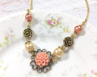 Peach Chrysanthemum Necklace, Beaded Pearl Necklace, Woodland Necklace, Romantic Flower Necklace, Vintage Style Necklace, KreatedbyKelly