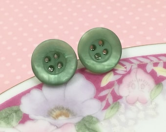 Seafoam Stud Earrings, Green Button Studs, Gift for Crafty Friend, Vintage Button Stud Earrings in Seafoam Green