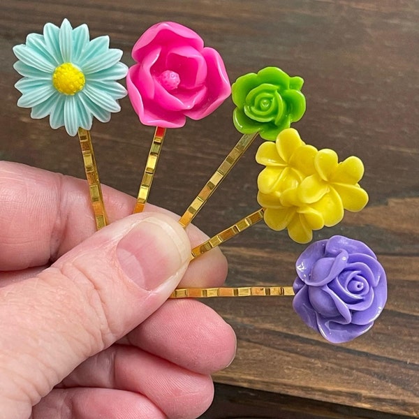 Floral Hair Accessories, Colorful Bobby Pin Set, Flower Bobby Pins, Pink Lotus Flower Pin, Purple Rose Pin, Aqua Daisy Pin, Yellow Pin