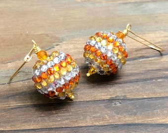 Candy Corn Earrings, Chunky Yellow Orange and White Sparkling Rhinestone Studded Halloween Earrings with Kidney Surgical Steel Ear Wires