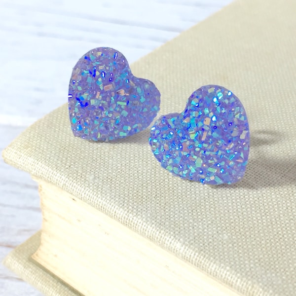 Faux Druzy Heart Earrings, Sparkly Earrings, Lavender Heart Earrings, Purple Heart Earrings, Stainless Steel, KreatedByKelly (L-SE1)(S-SE20)