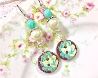 Button Earrings, Painted Flower Button Earrings, Aqua Flower Earrings, Button Jewelry, Pearl Earrings, Surgical Steel Earrings