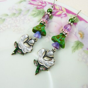 Purple Flower Earrings, Flower Dangle Earrings, Rhinestone Flower Earrings, Czech Glass, Vintage Style Earrings, Handmade By KreatedByKelly image 5