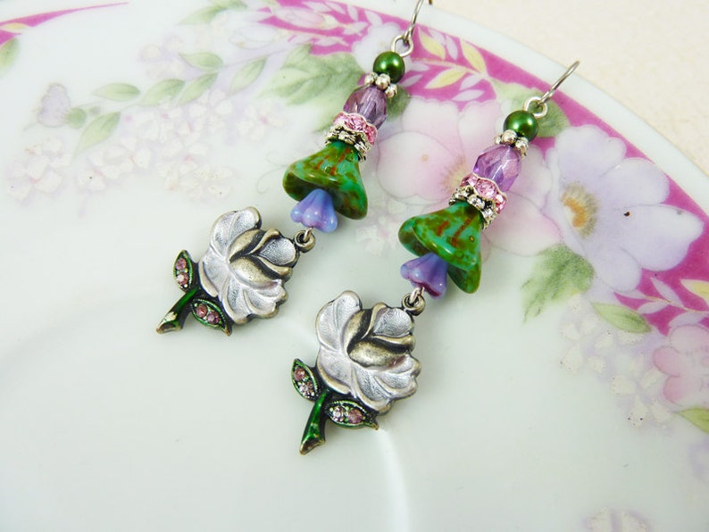 Purple Flower Earrings, Flower Dangle Earrings, Rhinestone Flower Earrings, Czech Glass, Vintage Style Earrings, Handmade By KreatedByKelly image 5