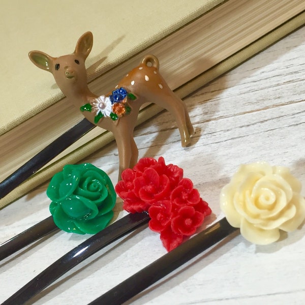 Floral Hair Pins, Woodland Hair Accessories, Christmas Bobby Pins, Holiday Bobby Pins, Flower Bobby Pin Set, Reindeer Bobby Pin