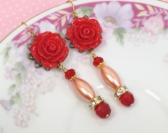 Red Flower Earrings, Wedding Flower Earrings, Statement Earrings, Pearl Earrings, Estate Assemblage Jewelry Handmade by KreatedByKelly