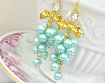 Pearl Cluster Earrings, Aqua Pearl Earrings, Lolita Earrings, Rhinestone Earrings, Gold Bow Earrings, Fancy Earrings, KreatedbyKelly (HJ4)