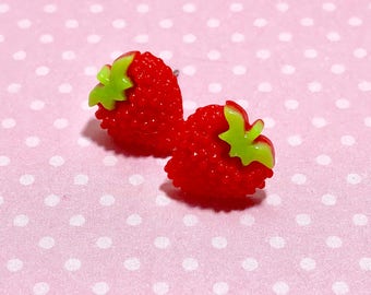 Red Strawberry Studs, Little Fruit Studs, Kawaii Stud Earrings, Surgical Steel, Red Fruit Studs, Bumpy Strawberry Stud, KreatedbyKelly (SE5)