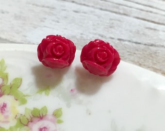 Pink Rose Studs, Magenta Rose Earrings, Pink Flower Earrings, Rose Studs, Tiny Flower Studs, Flower Girl Earrings, Surgical Steel Studs