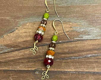 Fall Color Palette Earrings with Rhinestones and Leaves, Hypoallergenic Ear Wires