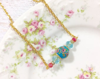 Beaded Bar Layering Necklace, Vintage Limoges Flower Focal, Rhinestones, Sparkling Aqua, Glittery Pink, Gold Toned Chain, KreatedbyKelly