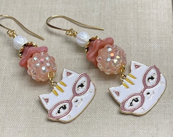 Retro White Cat With Pink Glasses, Floral Czech Glass and Sparkly Rhinestone Dangle Earrings, Hypoallergenic Ear Wires