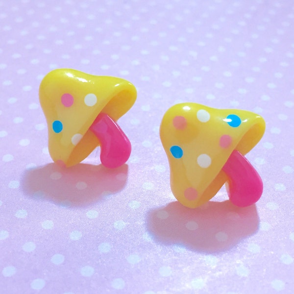 Yellow Mushroom Studs, Woodland Earrings, Polka Dot Topped Mushroom with Pink Stems Stud Earrings, Kawaii, Surgical Steel, Novelty (LB5)