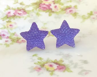 Large Purple Star Stud Earrings in Bumpy Shimmering Celestial Sparkling Glittery Faux Druzy, Surgical Steel