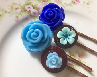 Flower Hair Pins, Blue Flowers Bobby Pins Set, Upcycled Button Bobby Pins, Blue Rose Hair Pin, Blue Daisy Hair Pin, Kreatedbykelly