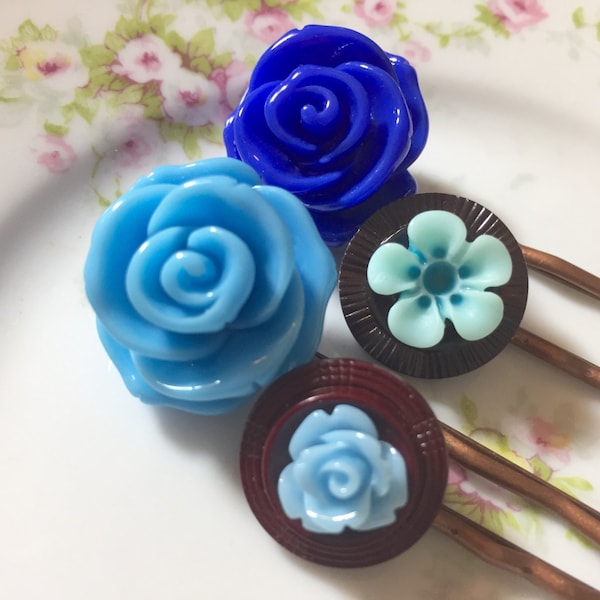 Flower Hair Pins, Blue Flowers Bobby Pins Set, Upcycled Button Bobby Pins, Blue Rose Hair Pin, Blue Daisy Hair Pin, Kreatedbykelly