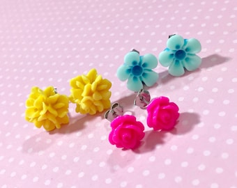 Stud Earring Set, Flower Stud Earrings Set, Bright Pink Rose Studs, Yellow Flower Cluster Studs, Aqua Daisy Studs, Floral Studs Set