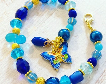 Whimsical Blue Glass Beaded Bracelet with Cloisonne Butterfly Charm