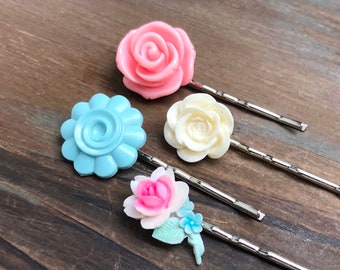 Floral Hair Accessories, Pastel Bobby Pin Set, Flower Bobby Pins, Pink Rose Flower Pin, Off White Rose Pin, Blue Swirl Flower Hair Pin