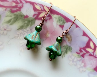 Green Flower Earrings, Dangle Earrings Made with Czech Glass Flowers in Picaso Green with Faceted Beads and Copper, KreatedByKelly