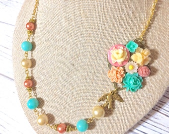 Floral Assemblage Necklace, Asymmetrical Necklace, Pastel Flower Necklace, Pearl Necklace, Statement Necklace, KreatedbyKelly