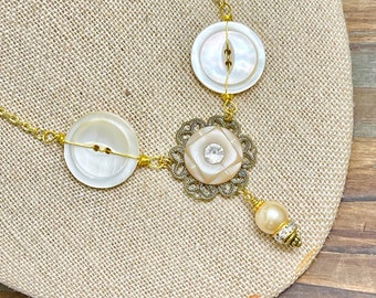 Antique Mother of Pearl Button Necklace with Gold Wire Stitching, Rhinestones and Pearl Dangle