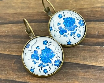 Pretty Blue Flower Earrings Set in Antique Gold Lever Back Ear Wires, Vintage Cottage Chic Style