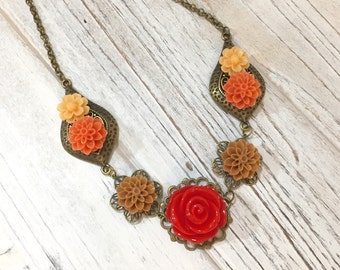 Fall Necklace, Autumn Flower Necklace, Flower Statement Necklace, Red Rose Necklace, Orange Brown Mum Necklace, KreatedbyKelly