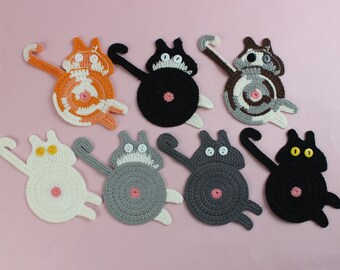 Cute Cat Butt Coasters, Handmade Knitted Cat Butt Coaster, Crochet Drink Coasters, Peeking Cat Butt Coaster