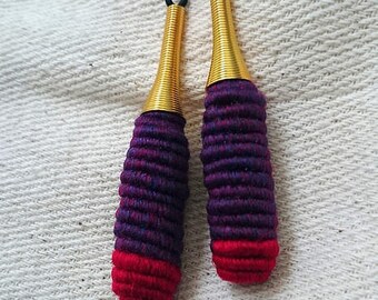 Cocoon Yarn wrapped earrings - Scarlet tipped Purple