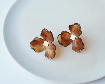 Maxi Bloom Earrings- Ochre Floral Statement Studs in brown with sterling silver posts