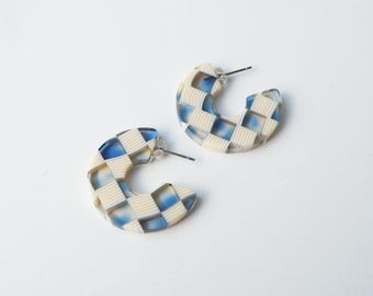 Ocean Checker Hoop Earrings- Acetate Resin tortoiseshell statement Hoops in blue & cream pattern