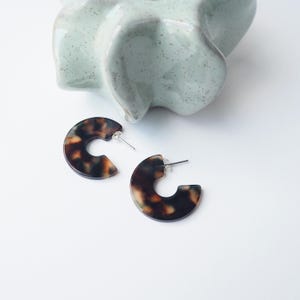 Op de afbeelding: Een paar oorringen met schildpadpatroon en zilveren stiftjes. De oorbellen zijn donkerbruin met lichtbruine en zwarte marmering. De oorbellen liggen voor een lichtgroene, abstracte keramische sculptuur.