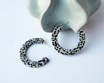Marble Terrazzo Midi Hoop- Acetate Resin tortoiseshell statement earrings in black and cream pattern