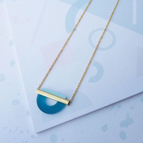 Drop Curve Necklace Teal and Light Blue- Geometric Perspex Statement Necklace- Teal & Pale Blue