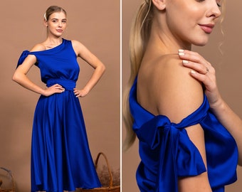 Custom-Made Electric Electric Blue Satin Midi Dress - Occasion Dress - Wedding Guest Dress - 20 Color Choices - One Shoulder Satin Dress