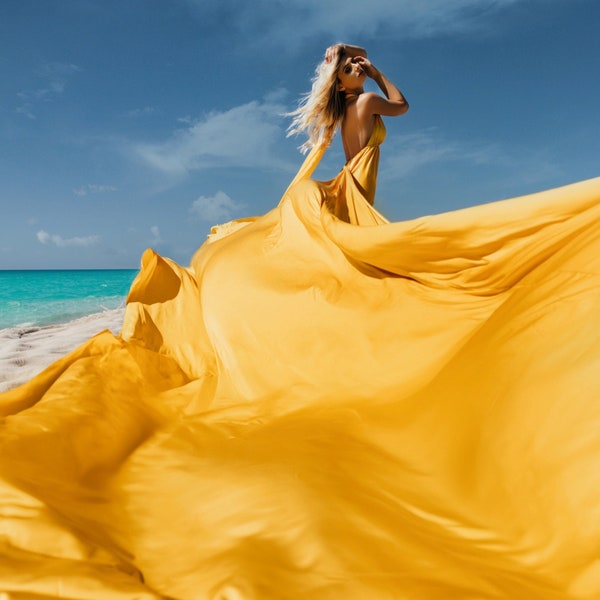 Yellow Flying Dress - Custom  Silky Satin Infinity Flying Dress - Adjustable Sizes for Photoshoots - 20 Color Options