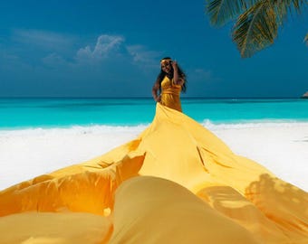 Yellow Long Flying Dress For Photoshoot Long Train Beach Photoshoot Dress Long Flowy Infinity Dress Made-To-Order Convertible Flying Dress
