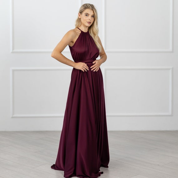 Maroon Long Maxi Dress Bridesmaid Halter Neckline Dress Woman Dress for  Wedding Guest Sleeveless Satin Flowy Dress Custom Evening Gown - Etsy Israel