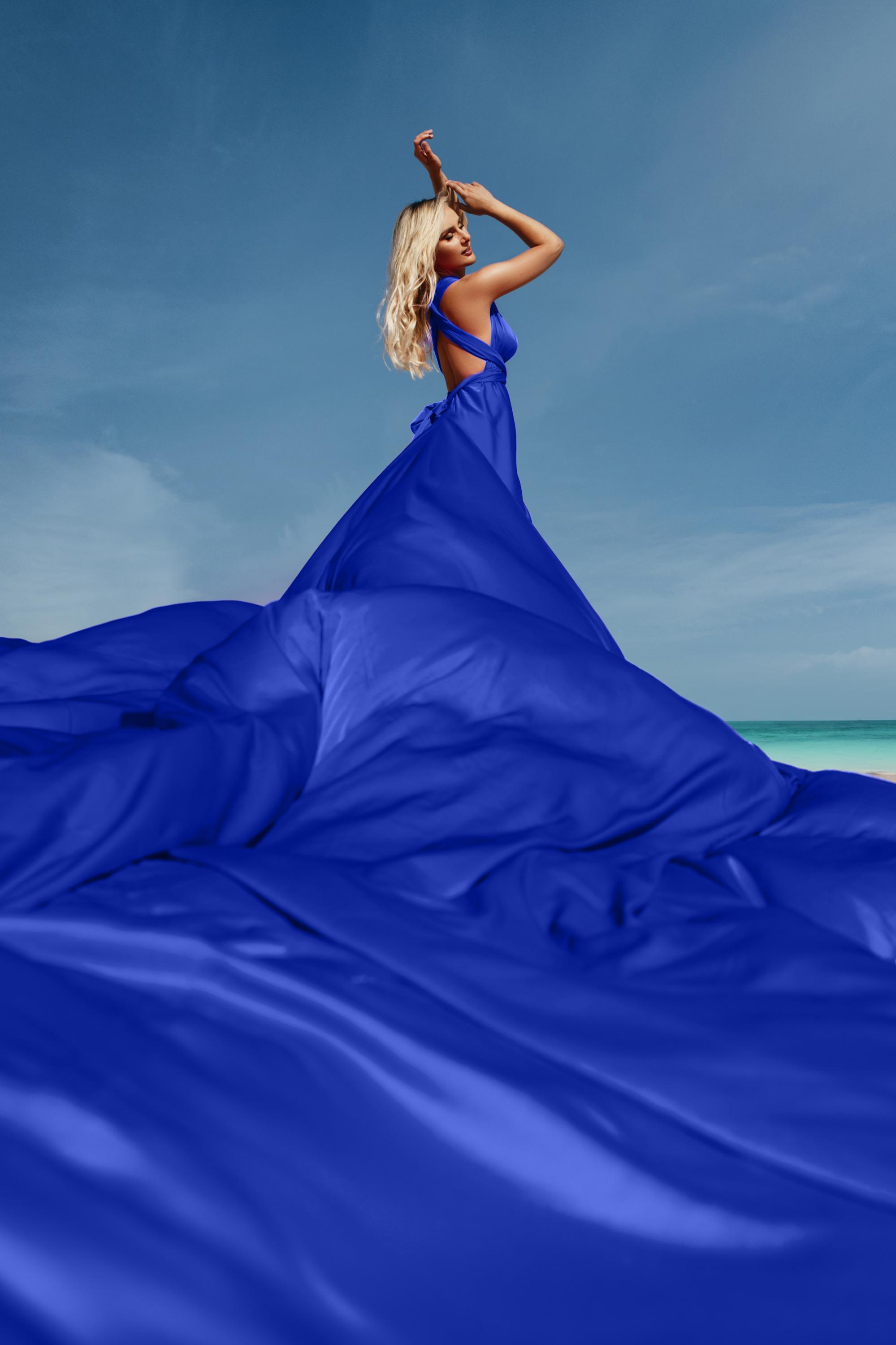 blue dress photoshoot Royal Blue Satin Santorini Flying Dress