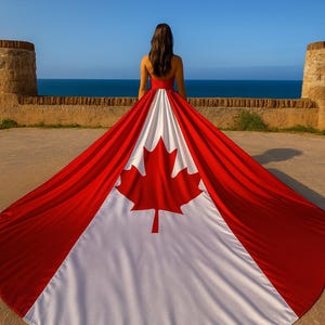 May include: A red and white dress featuring the Canadian maple leaf emblem. The dress has a long train, and the person is standing on a stone patio overlooking the sea. The dress's train spreads out on the ground.