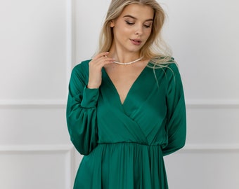 sachin and babi light blue dress Emerald Green Satin Maxi Dress, Elegant Long Sleeve Wedding Guest Dress,  Women Party Dress